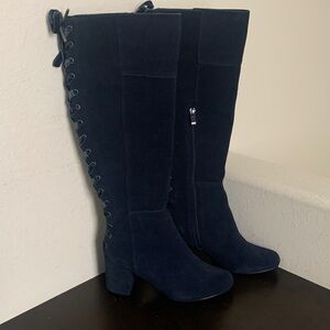 NWOT Navy Suede Leather Heeled Boots with Velvet Lace-Up Detail.